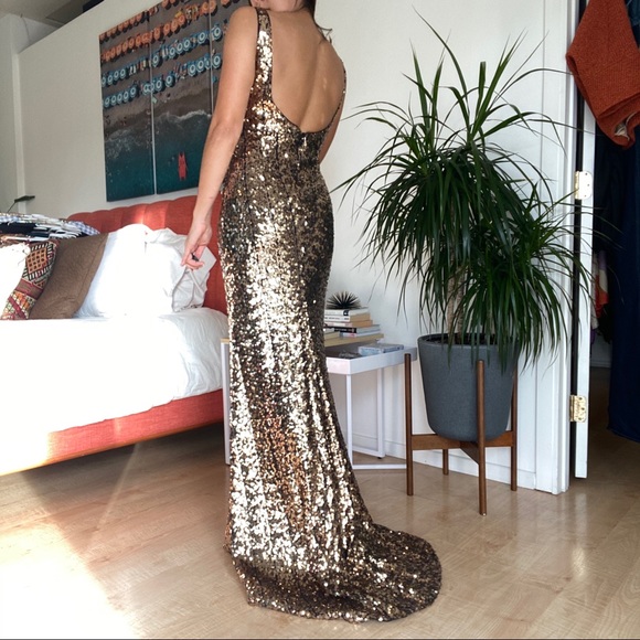 Floor Length Formal Gold Sequin Dress - Picture 3 of 3